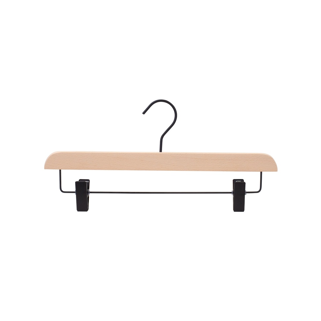 BINK - Beechwood clothes hanger with black clips, black hook, 36 cm width - box of 50 pieces