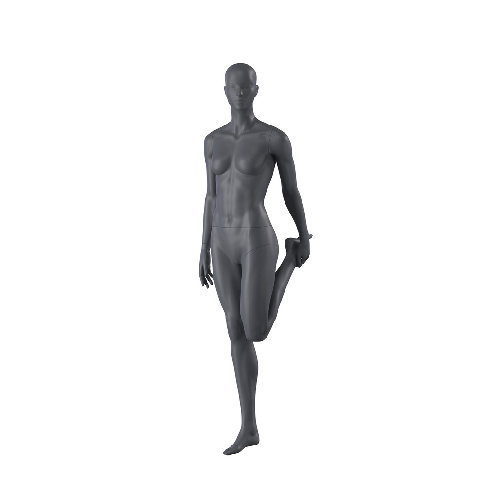 Stretching mannequin, female, graphite grey stylised head, standing pose 03