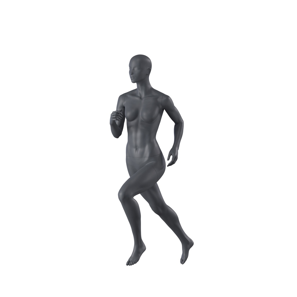 Running mannequin, female, graphite grey, stylised head, standing pose 03