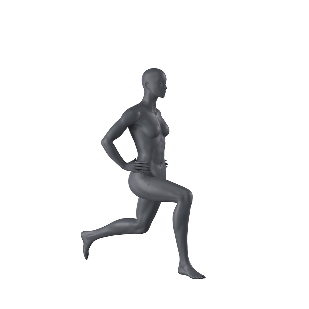 Stretching sport manenquin, female, graphite grey, stylised head, standing pose 06