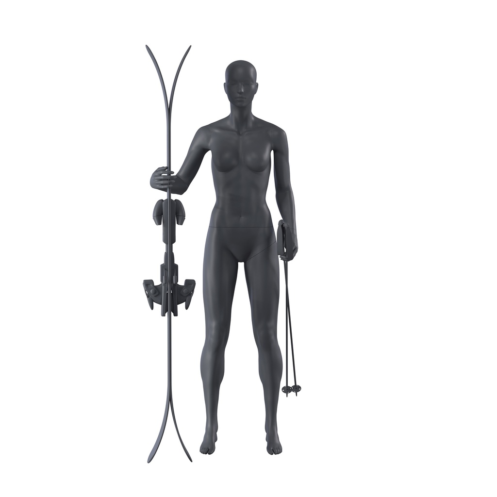 Ski sport mannequin, female, graphite grey, stylised head, standing pose 10