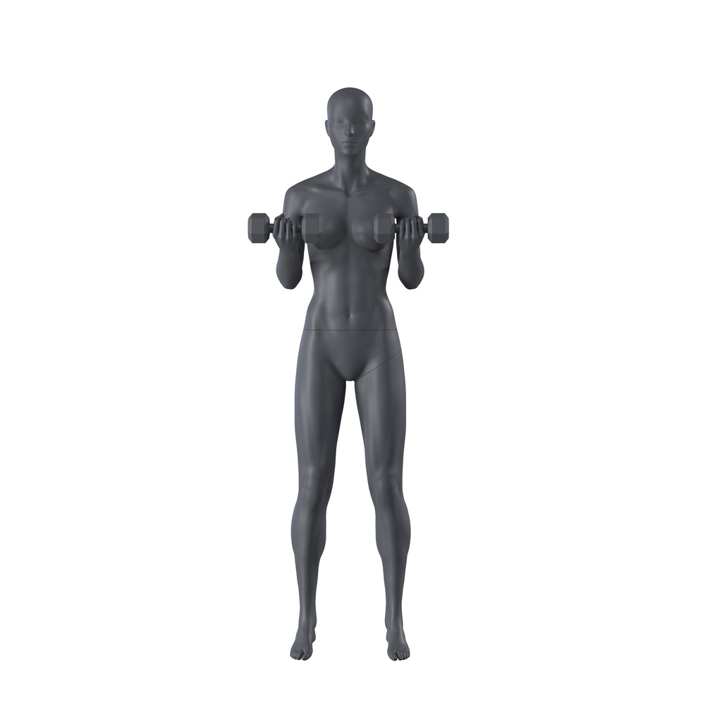 Kettlebel fitness mannequin, female, graphite grey, stylised head, standing pose 12