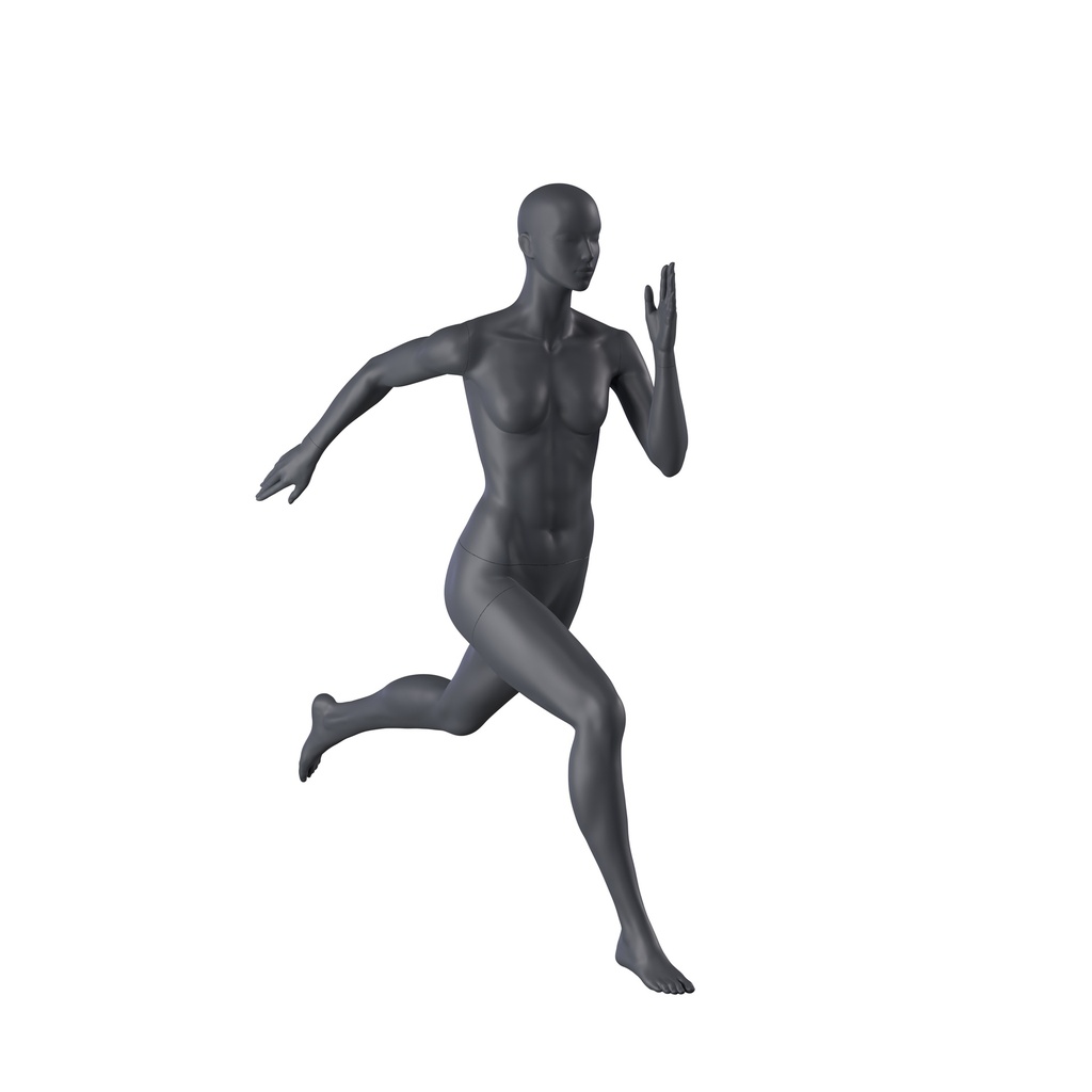 Sprinting sport mannequin, female, graphite grey, stylised head, standing pose 25