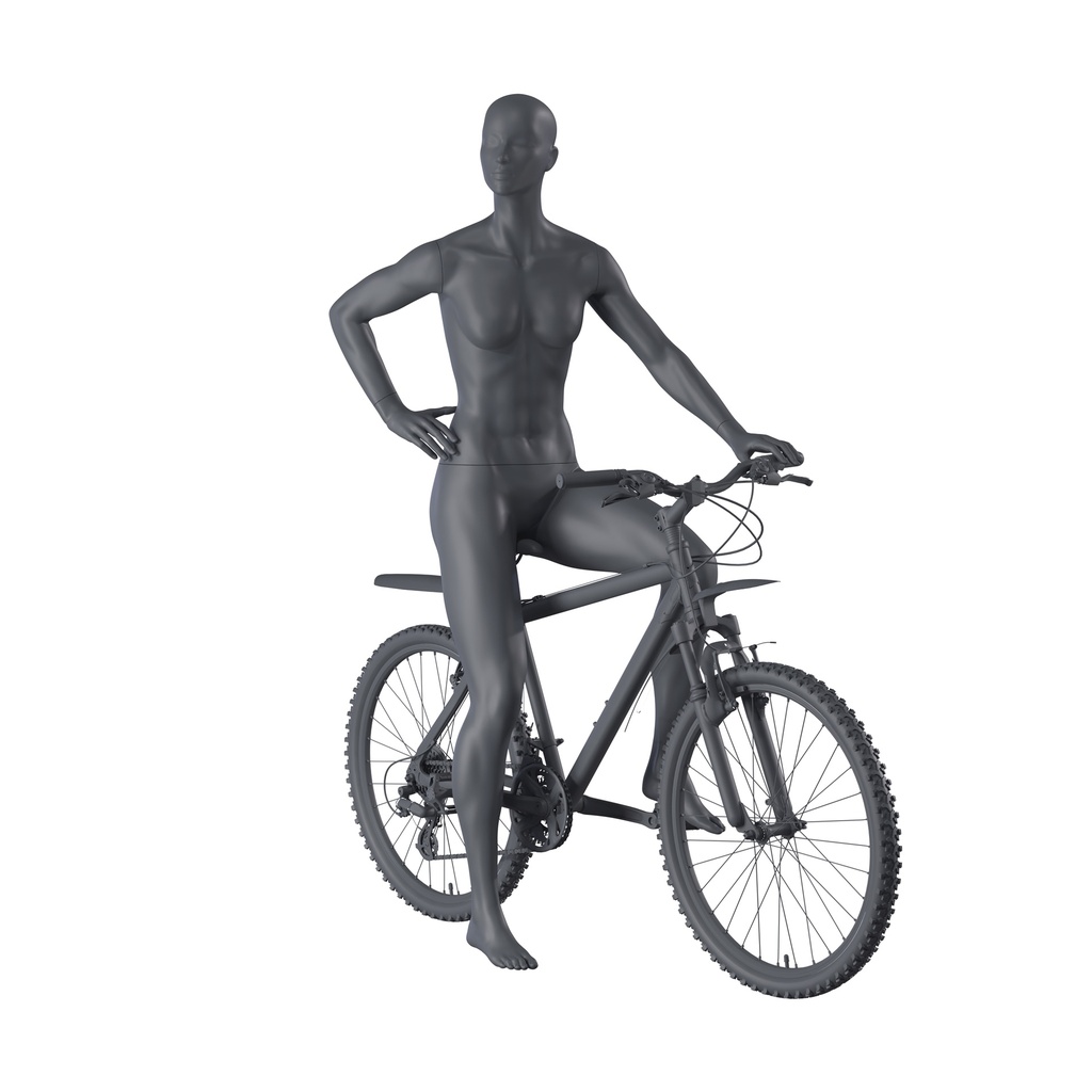 Cycling sport mannequin, female, graphite grey, stylised head, standing posse 28