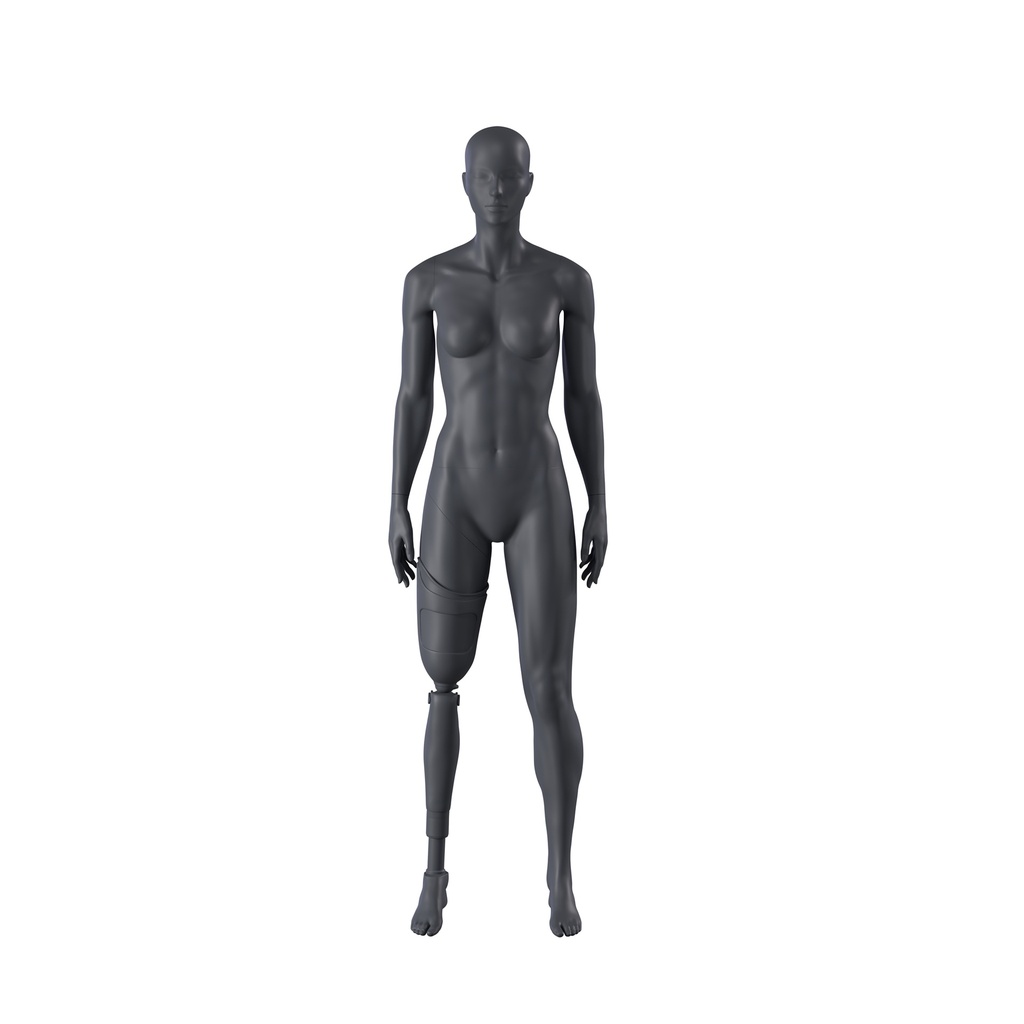 Sport mannequin with leg prosthesis, female, graphite grey, stylised head, standing pose 101