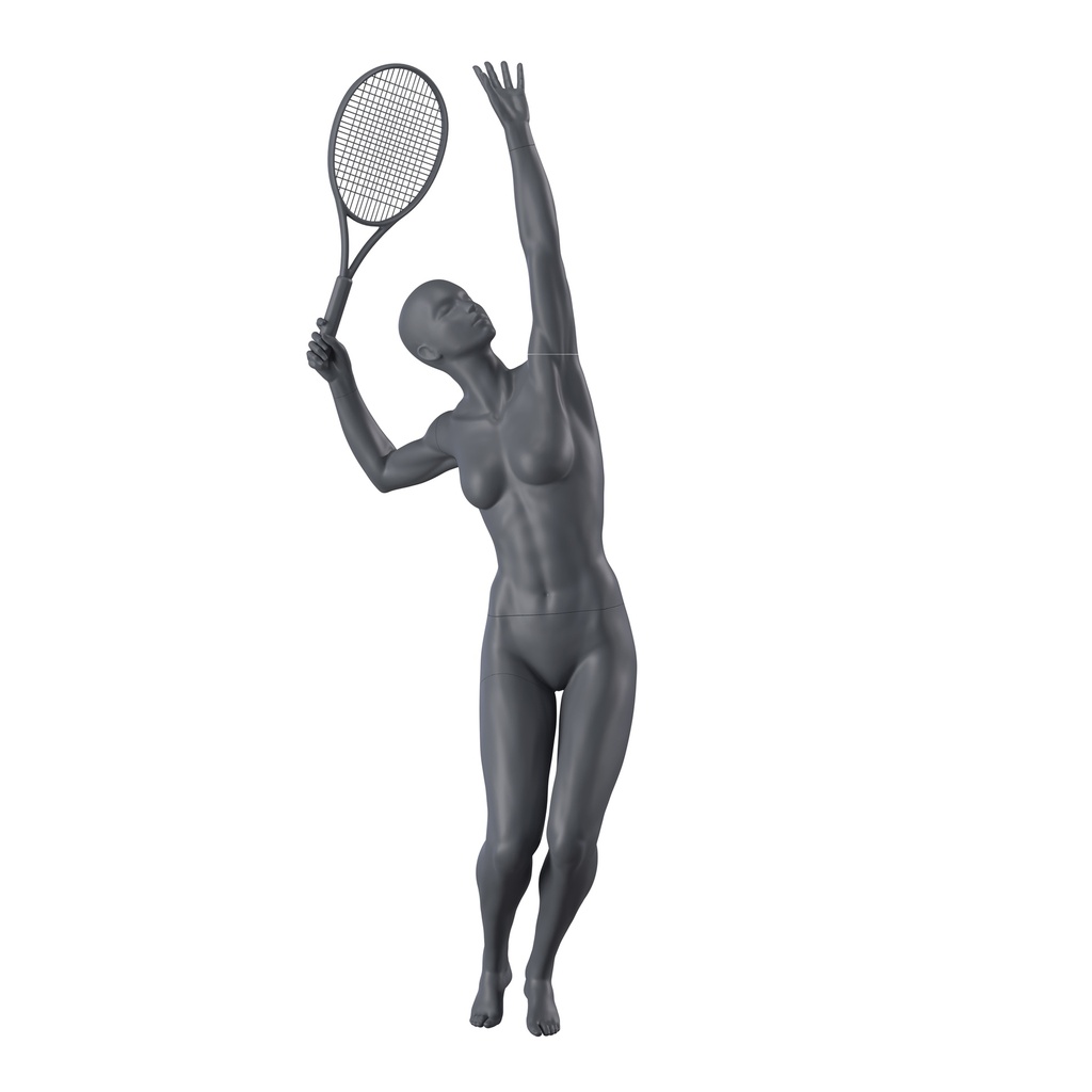 Tennis and padel sport mannequin, female, graphite grey, stylised head, standing pose 50