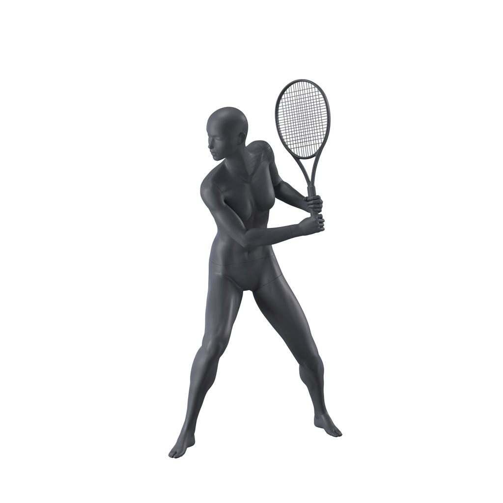 Tennis mannequin, female, graphite grey, stylised head, standing pose 53