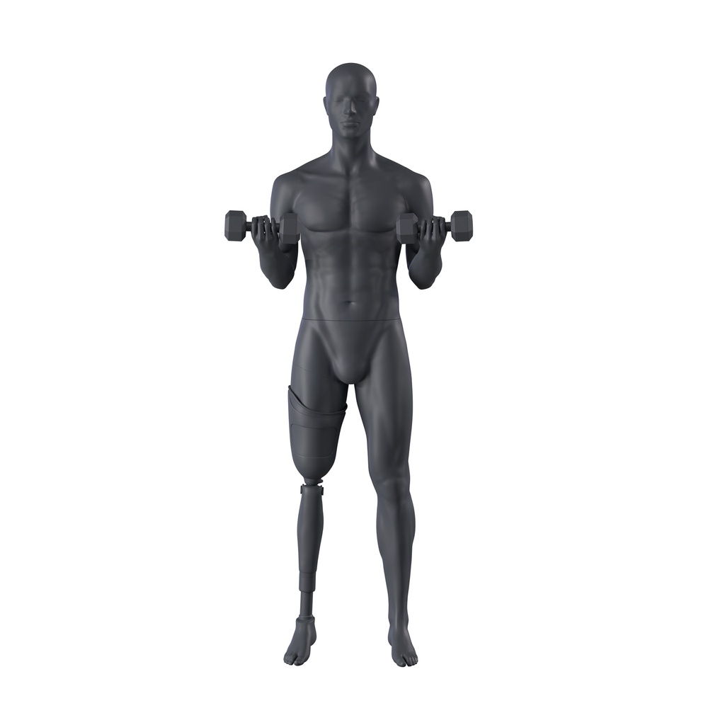 BINK - Fitness sport mannequin with prosthetic leg, graphite grey, stylised head, standing pose 419