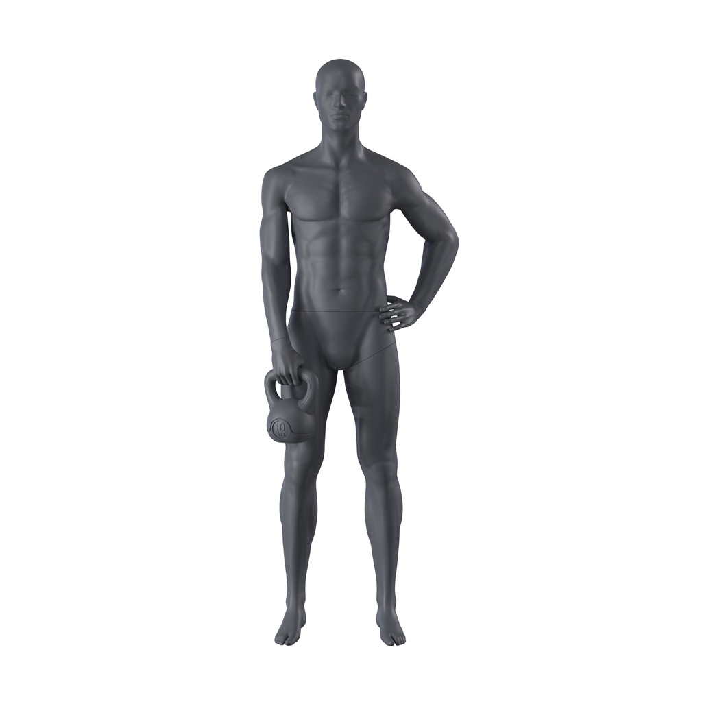 Fitness sport mannequin, male, graphite grey, stylised head, standing pose 317