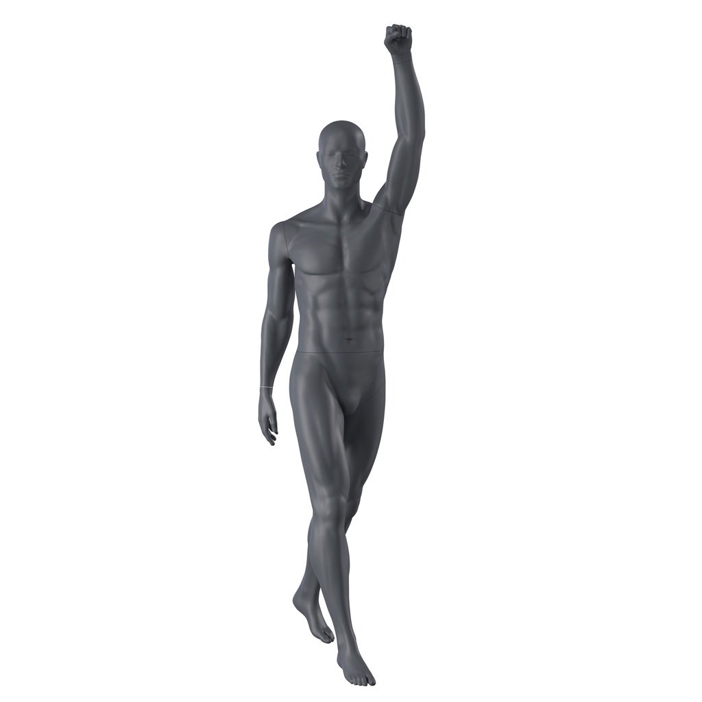 Cheering sport mannequin, male, graphite grey, stylised head, standing pose 306