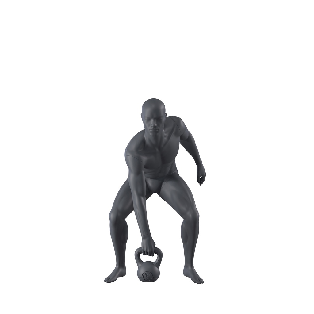 Kettlebell fitness sport mannequin, male, graphite grey, stylised head, standing pose 315 