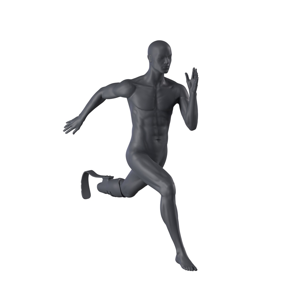 Running sport mannequin with running blade, male, graphite grey, stylised head, standing pose 405