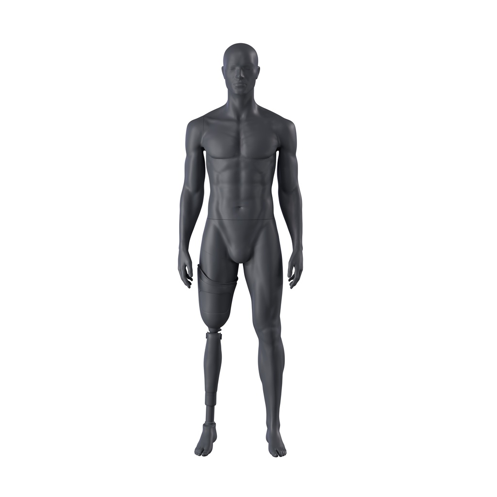 Sport mannequin with prosthetic leg, male, graphite grey, stylised head, standing pose 401