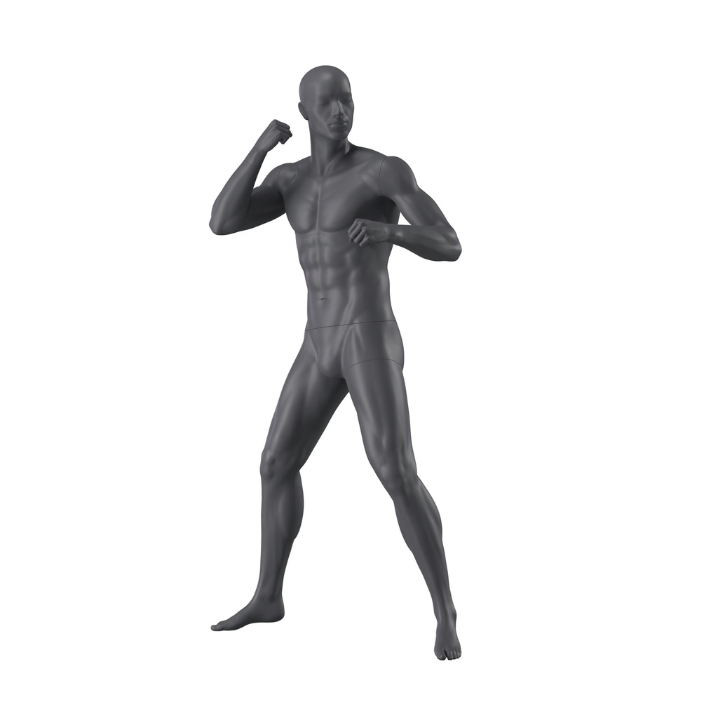 Boxer sport male mannequin, graphite grey, stylized head, standing pose 363