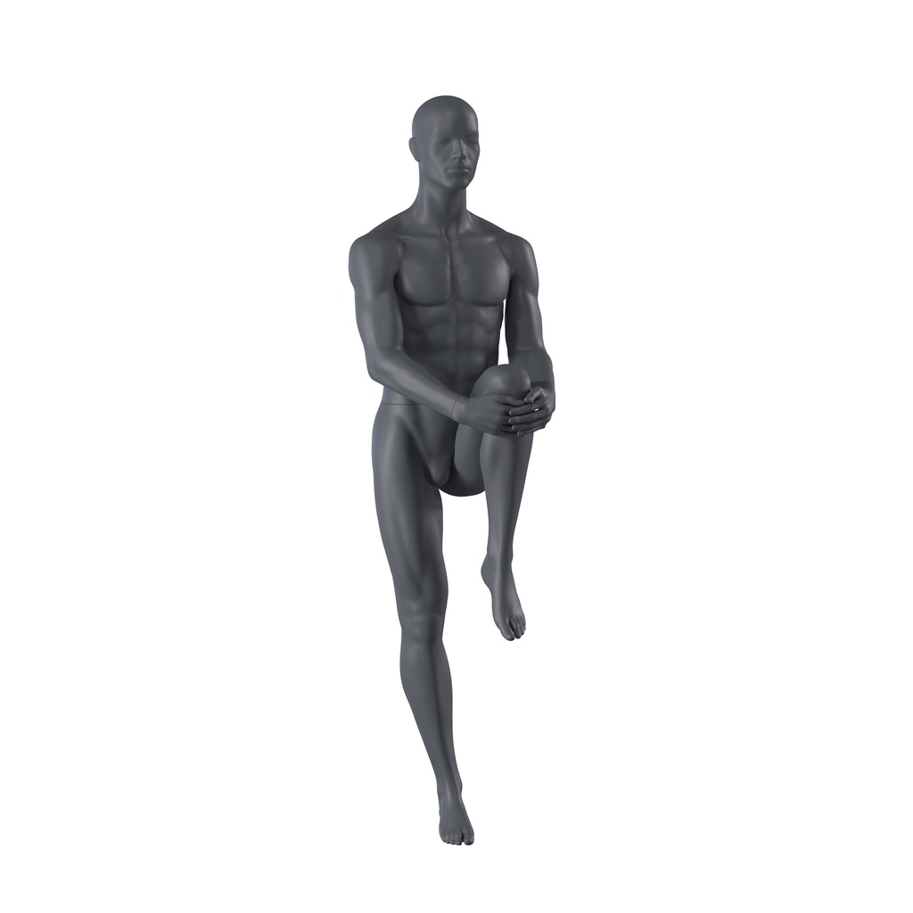 Stretching sport mannequin, male, graphite grey, stylised head, standing pose 302