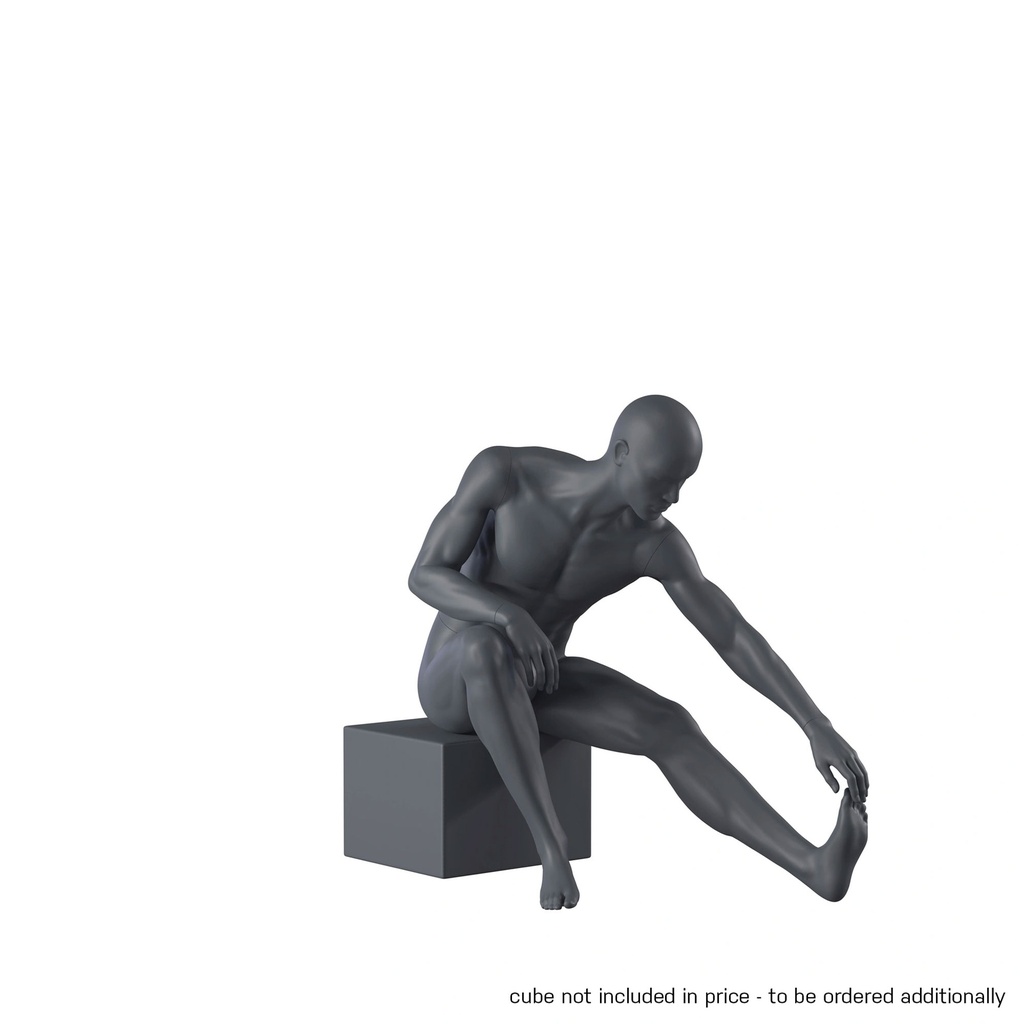 Stretching sport mannequin, male, graphite grey, stylised head, seated pose 321