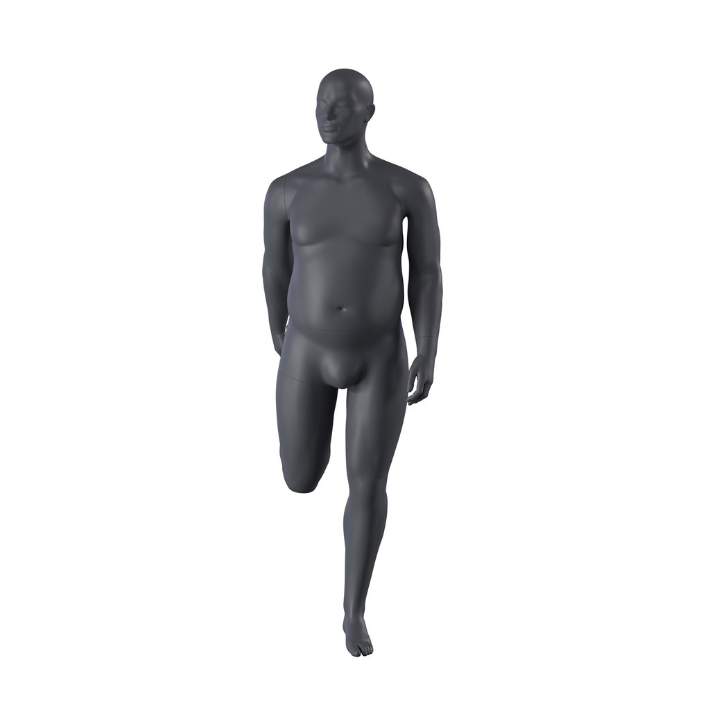 BINK - Stretching plus size sport mannequin, male, graphite grey, stylised head, standing pose 350 