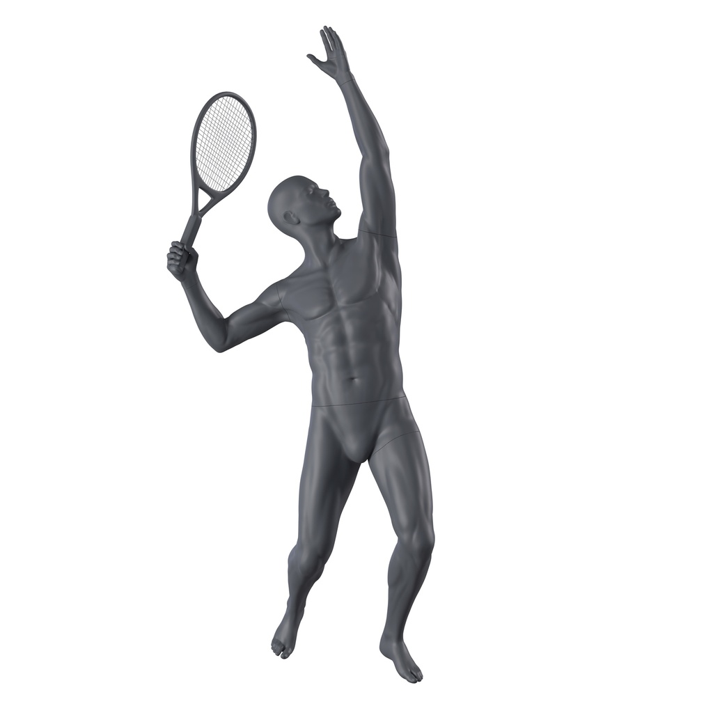 Tennis and padel sport mannequin, male, graphite grey, stylised head, standing pose 313 