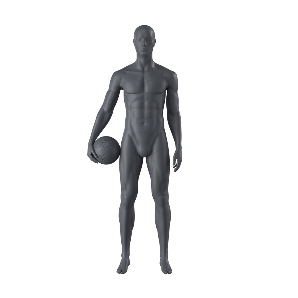 Soccer sport mannequin, male,  graphite grey, stylised head, standing pose 309