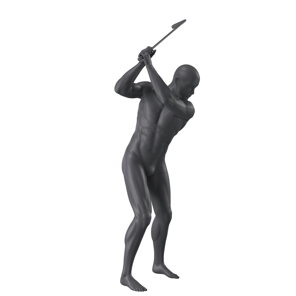 Golf sport male mannequin, graphite grey, stylized head, standing pose 343