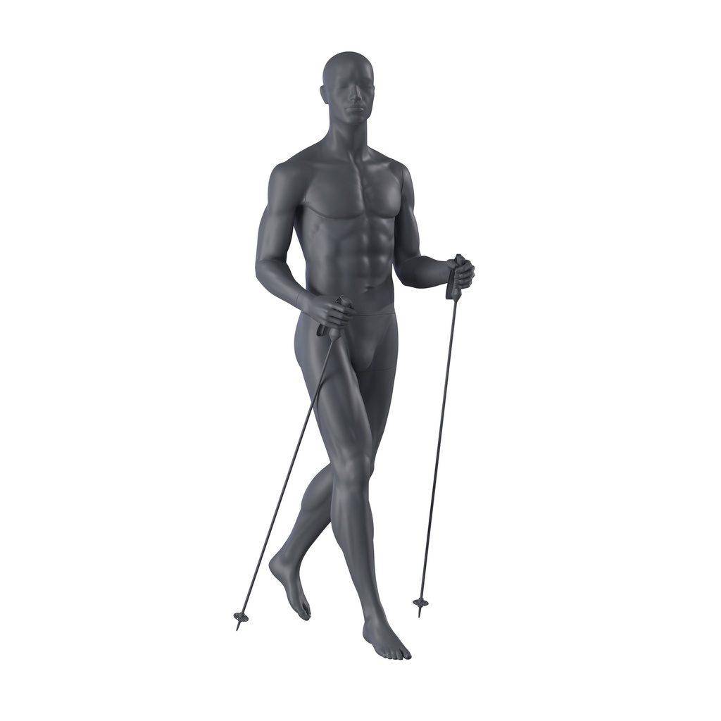 Trekking sport male mannequin, graphite grey, stylized head, standing pose 360