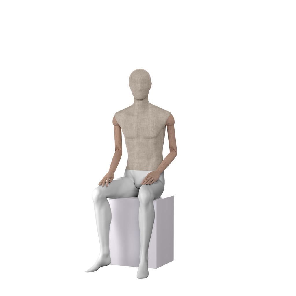 BINK - Vintage mannequin, male, wooden arms, covered with fabric, seated pose 45