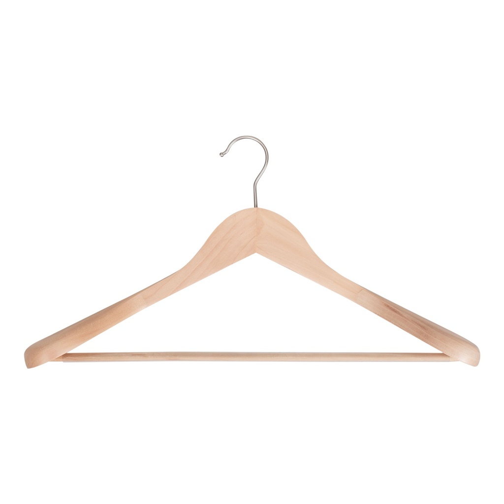 Clothes hanger with trouser bar, 5 cm shoulder width, 44 cm, lotus wood, matt hook - box of 20 pcs