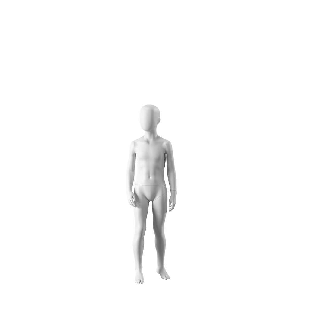 BINK - White abstract child mannequin, with abstract head, 8 years, white powdercoated base, pose CM317