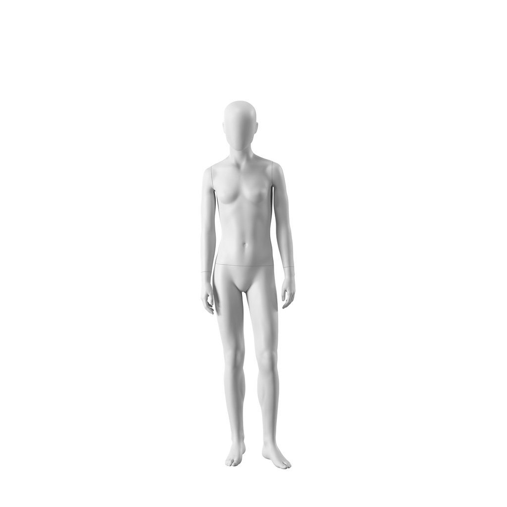 BINK - White abstract child mannequin, with abstract head, girl of 14 years, white powdercoated base, pose CM314