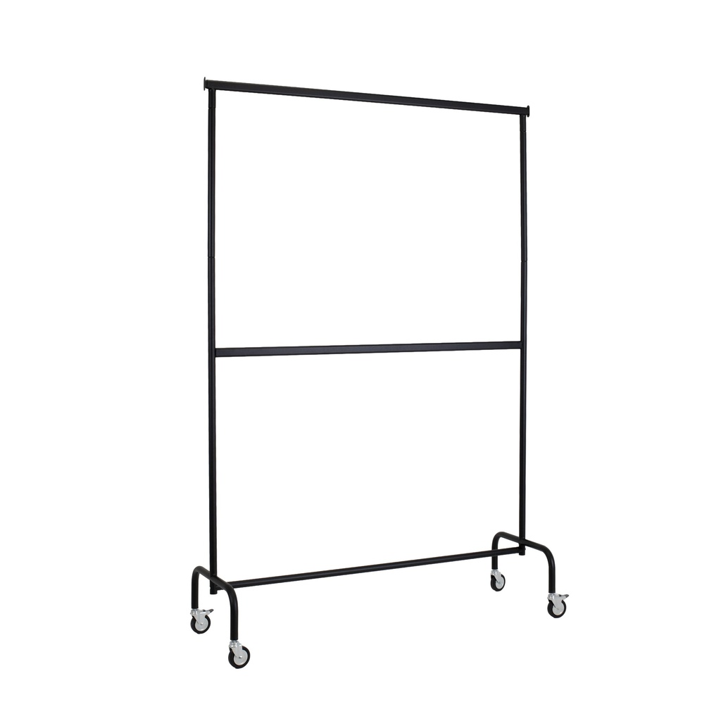 BINK - Rolling garment rack with wheels and fixed middle bar, 140cm, black powder coating