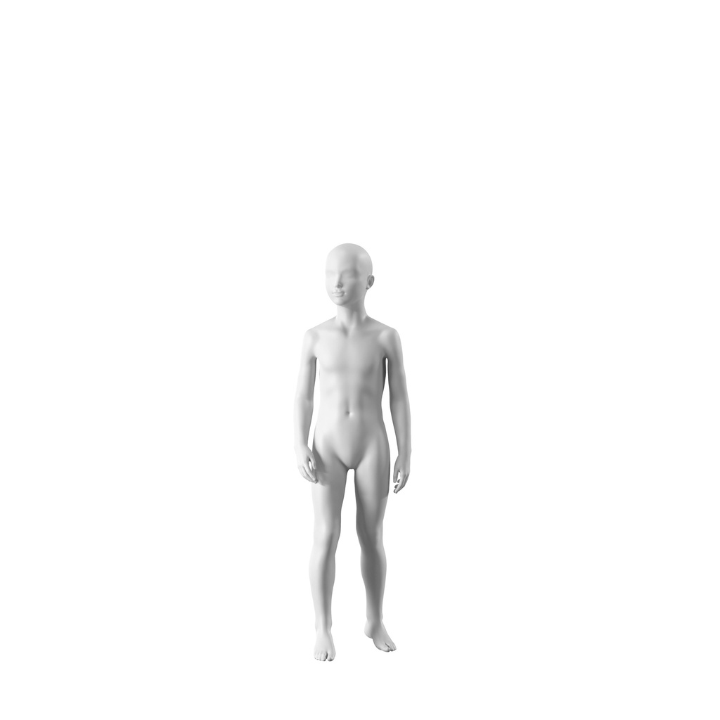 BINK - White child mannequin, abstract head with nose and mouth, round glass base, pose 708