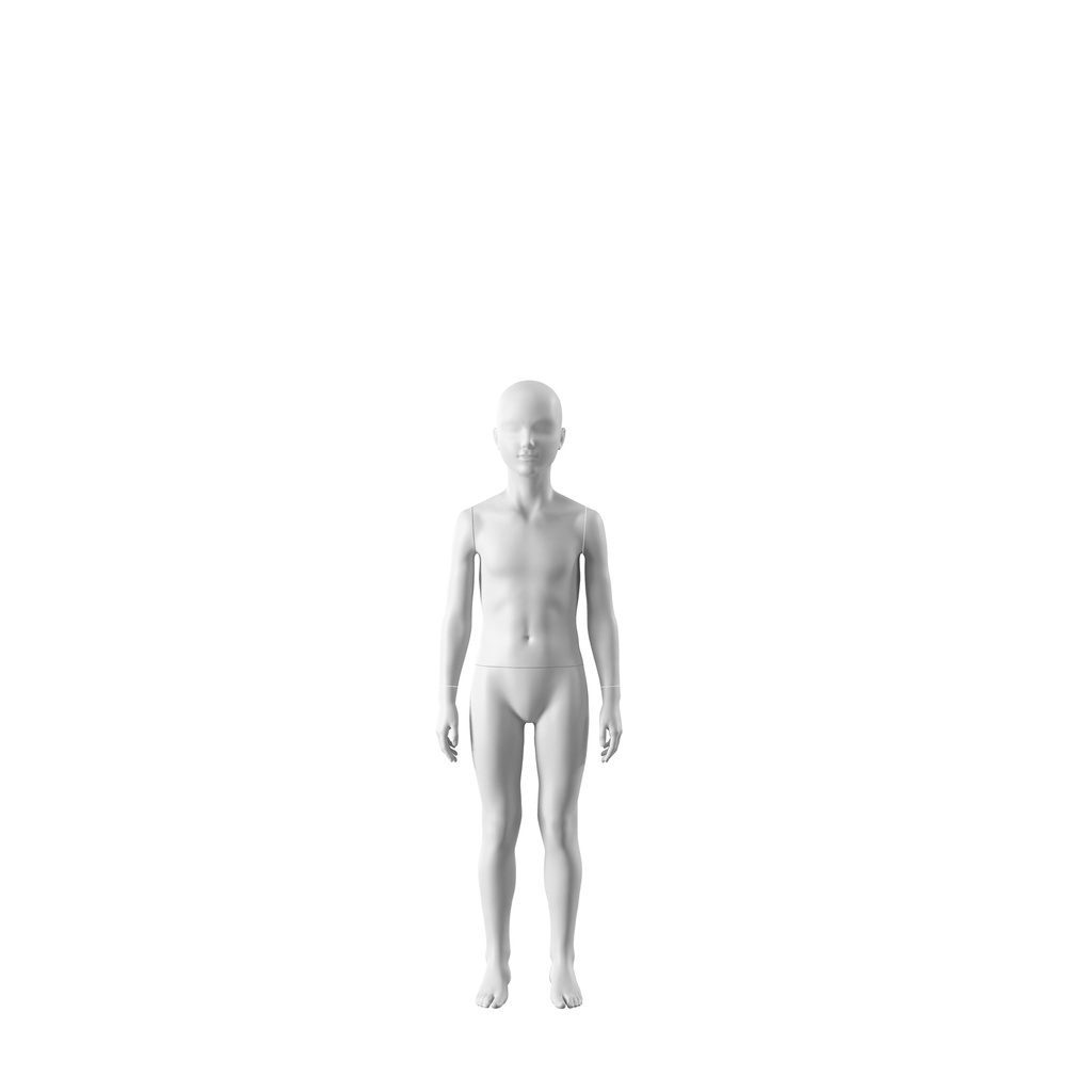 BINK - White child mannequin, abstract head with nose and mouth, round glass base, pose 718
