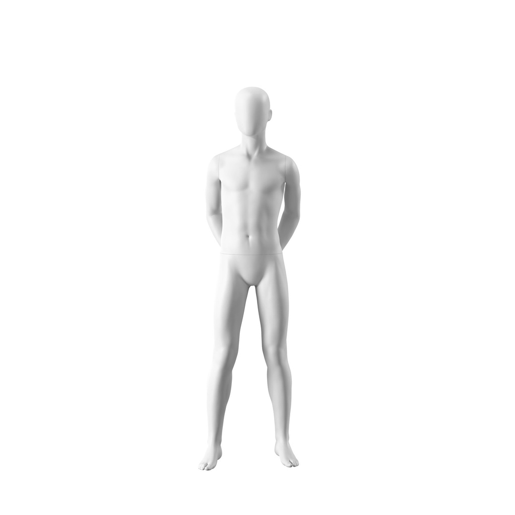 White abstract child mannequin, with abstract head, boy of 14 years, white powdercoated base, pose CM318
