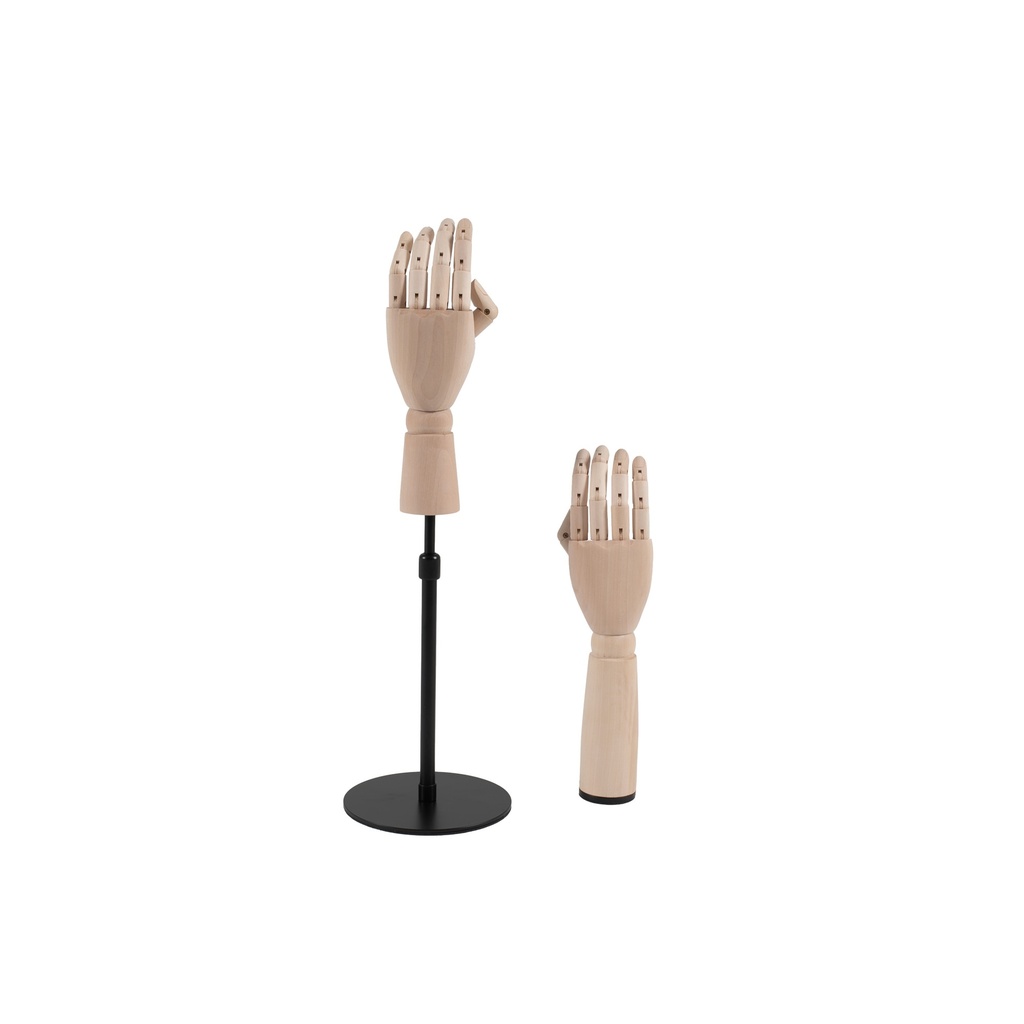 BINK - Duo of wooden female hands: right female hand freestanding, left hand on adjustable black metal stand
