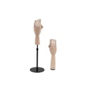 Duo of wooden female hands: right female hand freestanding, left hand on adjustable black metal stand