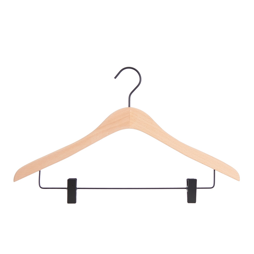 Beechwood clothes hanger with clips, 44 cm wide, black hook and clips- box of 50 pieces