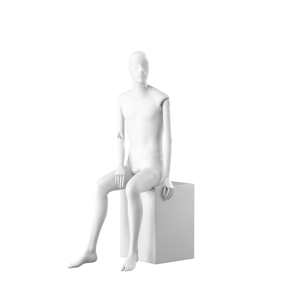 BINK - Stylish male mannequin, semi-abstract head, EU48, colour white, Mirror Mirror, seated pose MM203