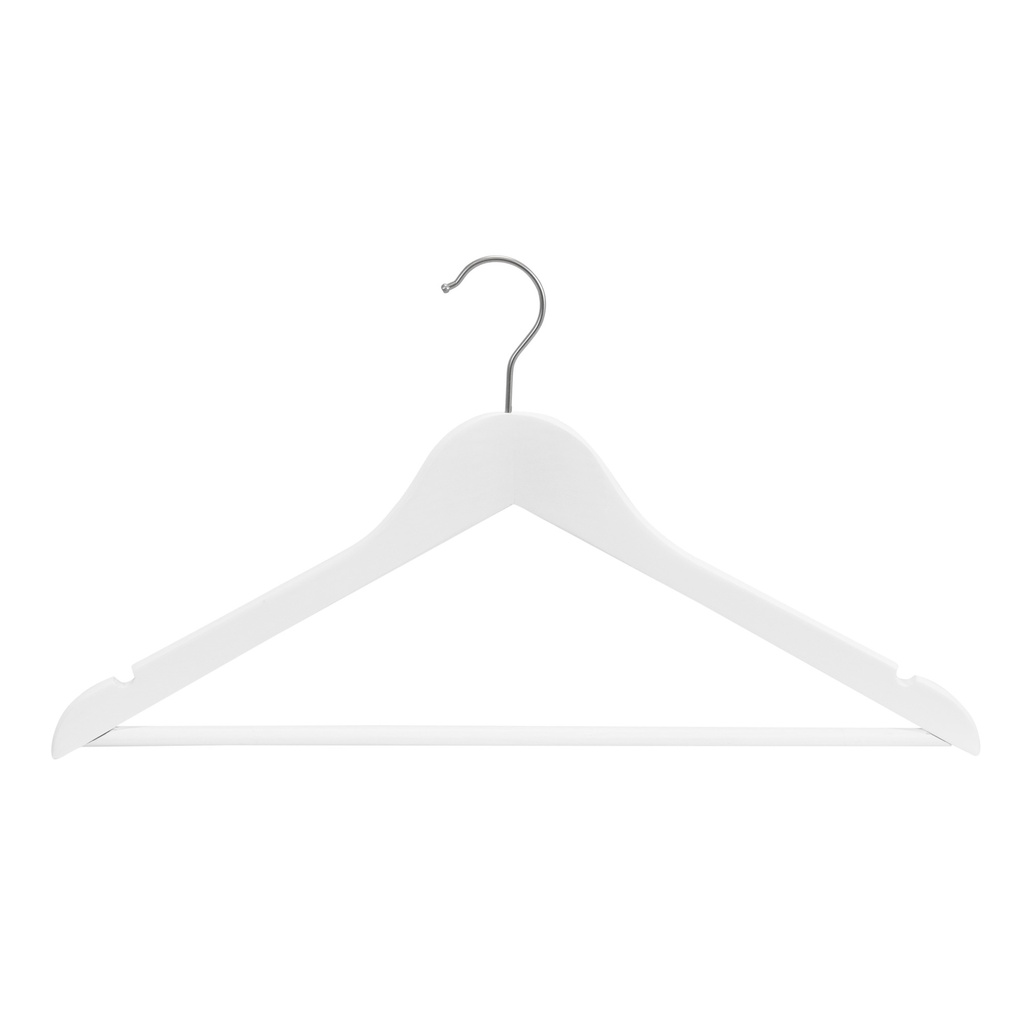 BINK - White clothes hanger with trouser bar for adult clothes, lotus wood, white matt finish, 44 cm, matt hook - box of 100 pcs