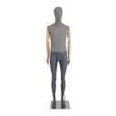 Male mannequin, covered in fabric, gray, with wooden arms, metal base