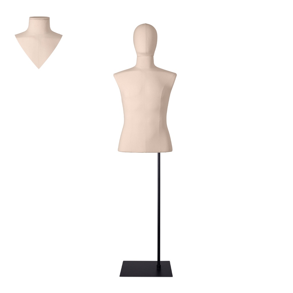 BINK - Te huur, herenbuste couture tot aan de taille, ecru - maat M-L, op een zwarte standaard 