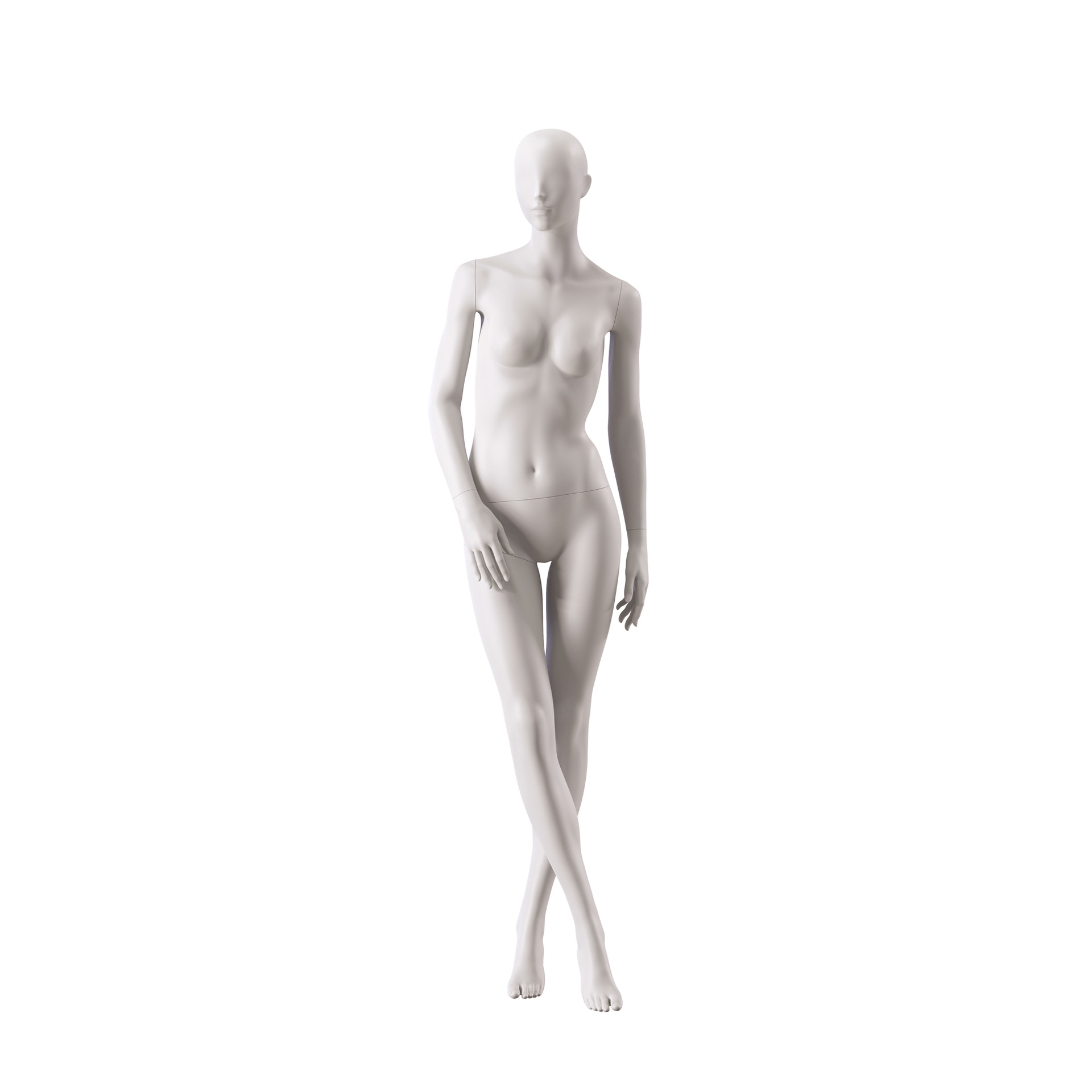 BINK - Dames etalage mannequin, met semi abstract hoofd, glazen ronde voetplaat, soft clay mat, pose 001