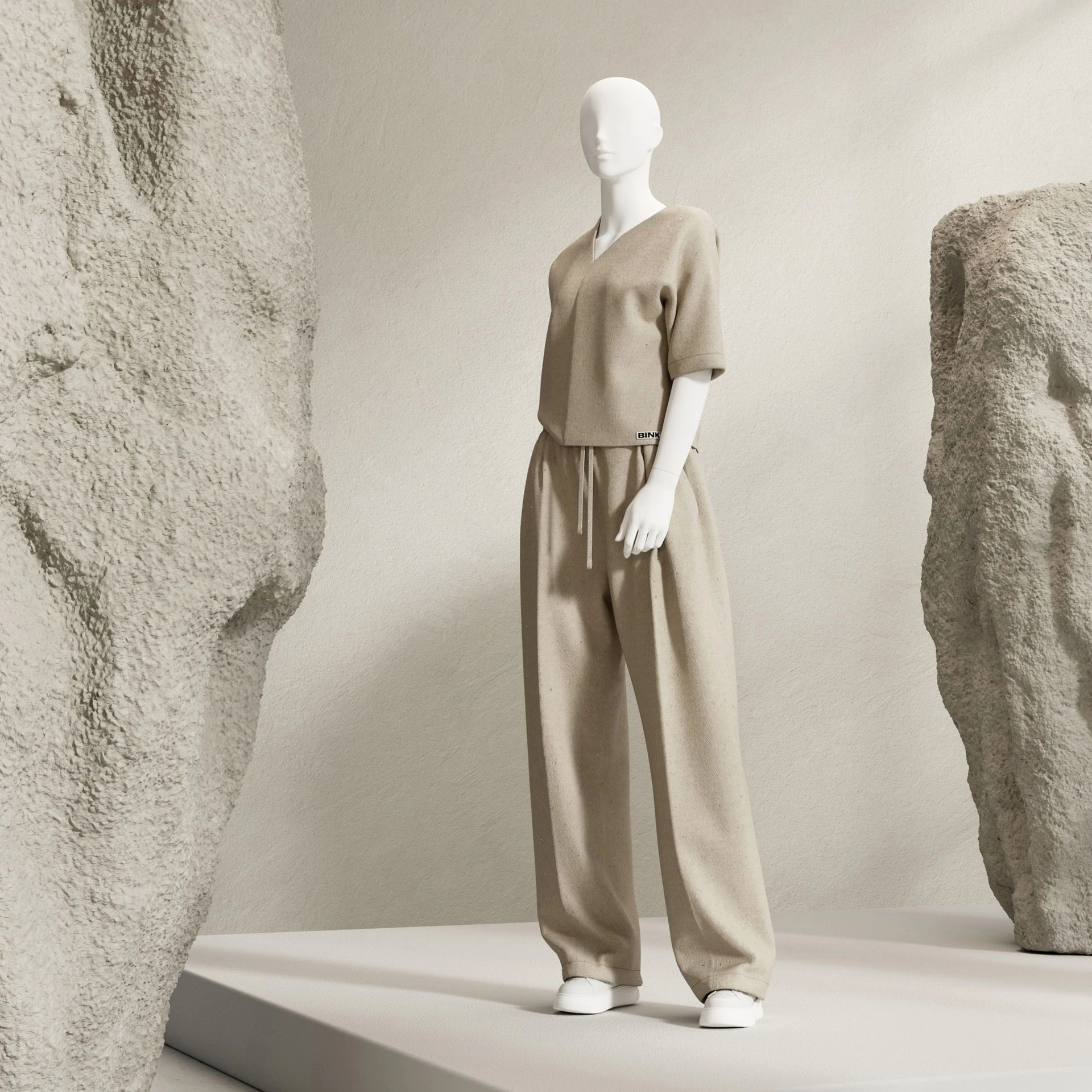 BINK - Basic female window mannequin, semi-abstract head, round tempered glass base, soft clay matt, pose 003