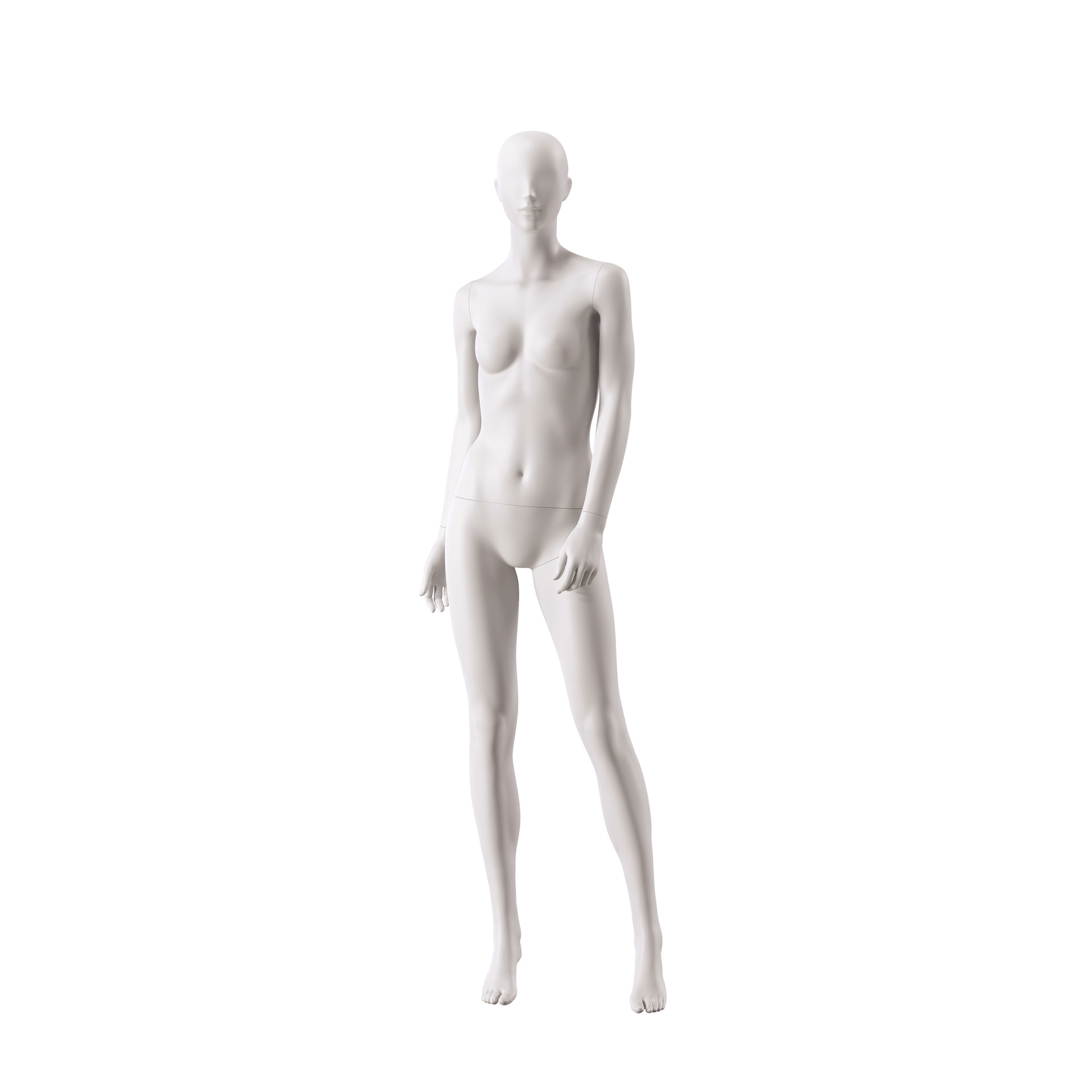 BINK - Basic female window mannequin, semi-abstract head, round tempered glass base, soft clay matt, pose 003