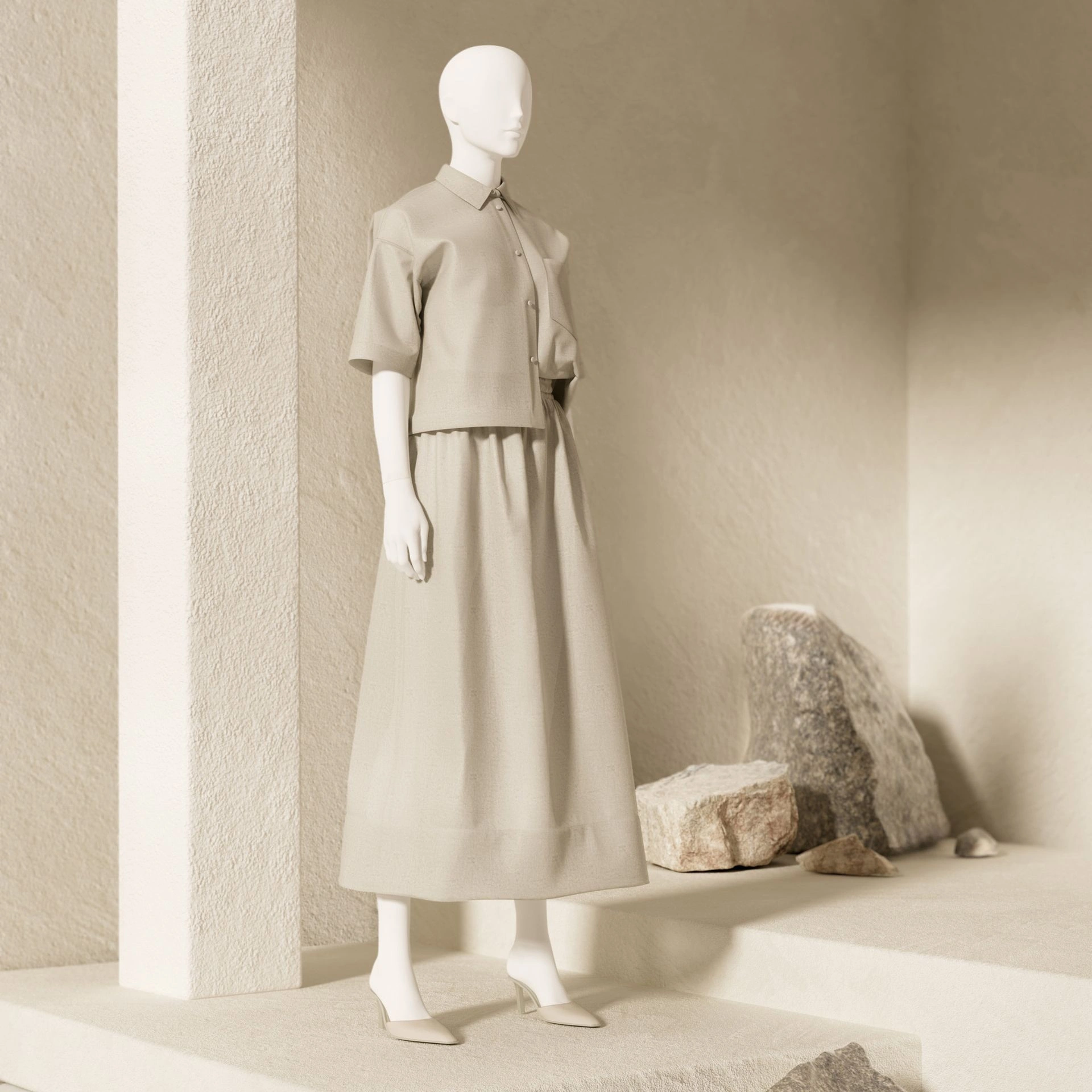 BINK - Basic female window mannequin, semi-abstract head, round tempered glass base, soft clay matt, pose 005