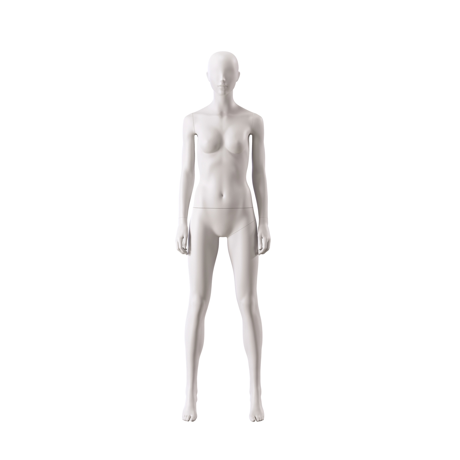 BINK - Basic female window mannequin, semi-abstract head, round tempered glass base, soft clay matt, pose 005