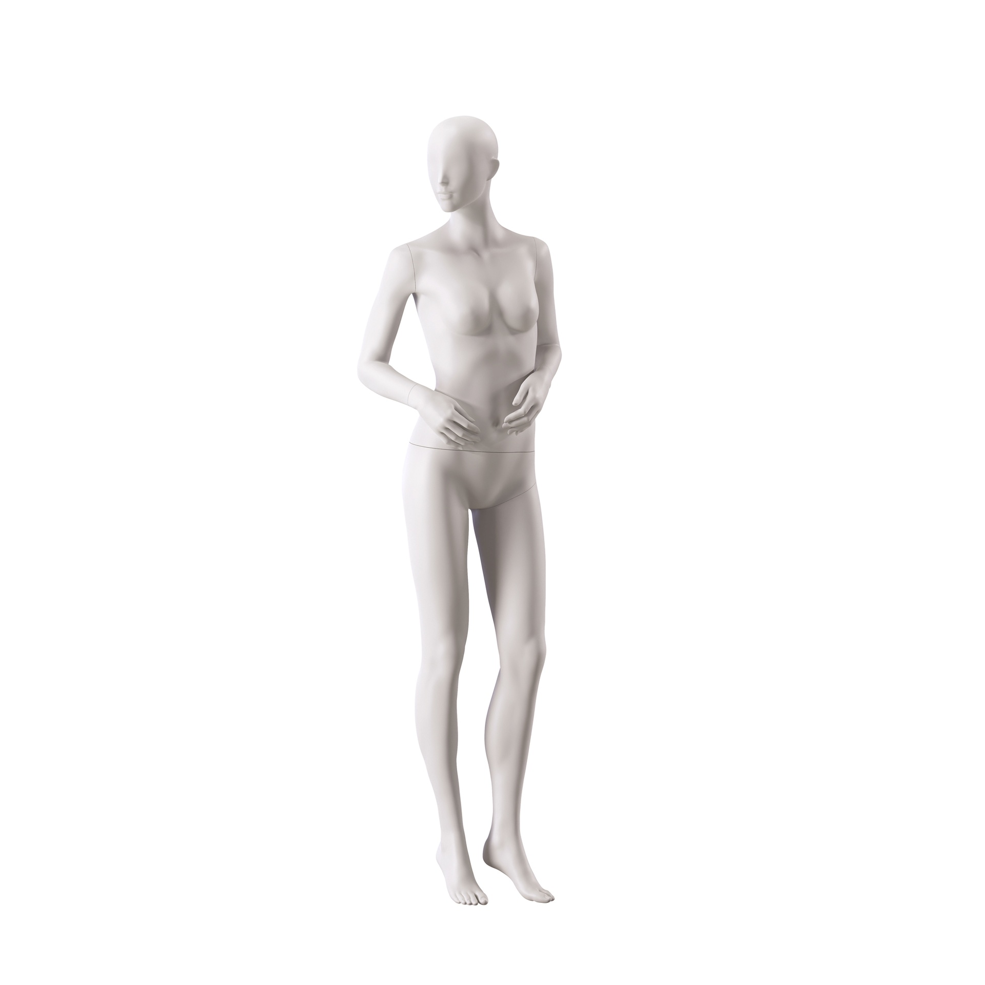 BINK - Basic female window mannequin, semi-abstract head, round tempered glass base, soft clay matt, pose 006