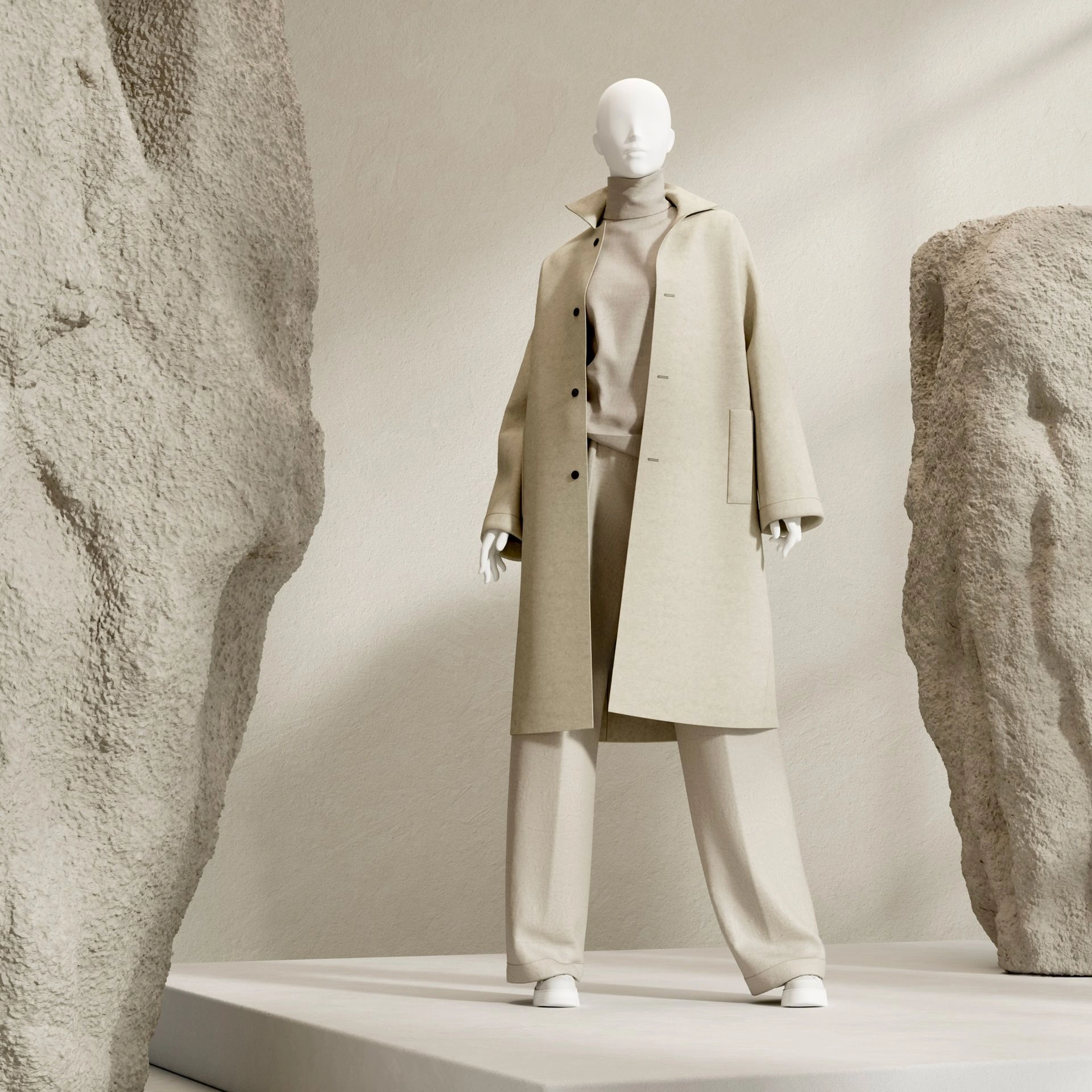 BINK - Basic female window mannequin, semi-abstract head, round tempered glass base, soft clay matt, pose 008