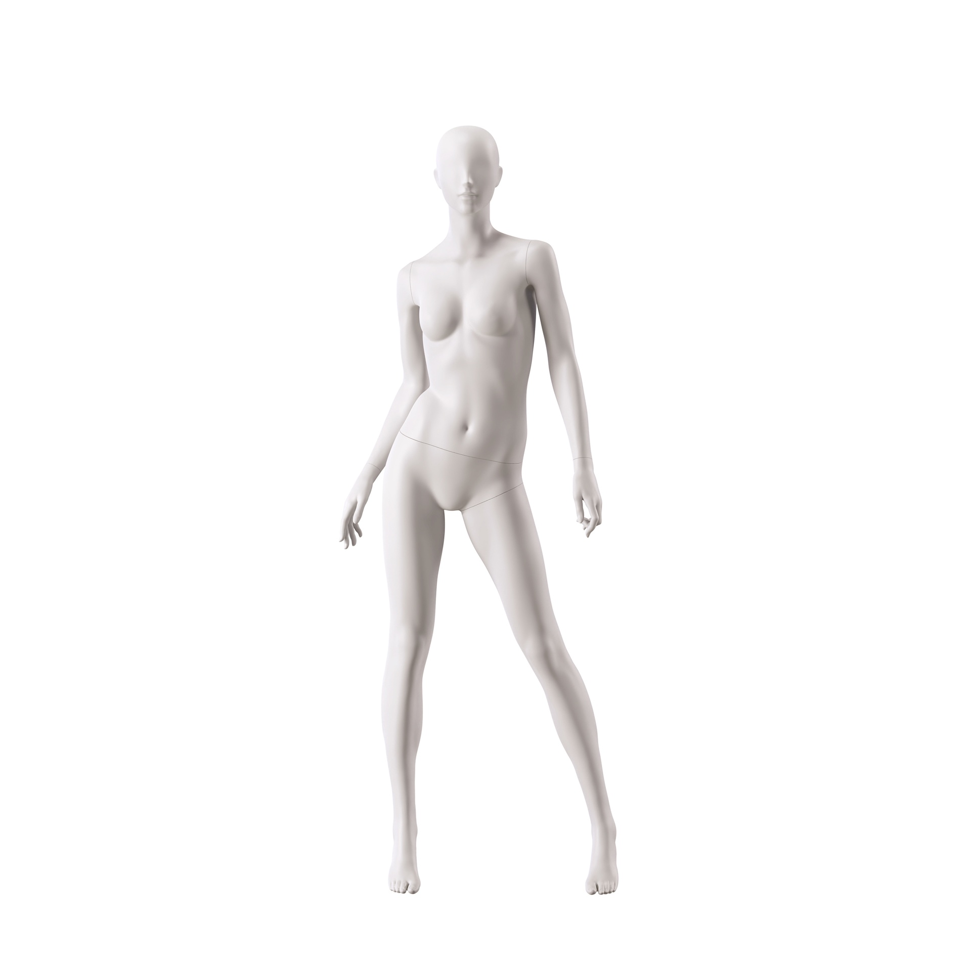 BINK - Basic female window mannequin, semi-abstract head, round tempered glass base, soft clay matt, pose 008