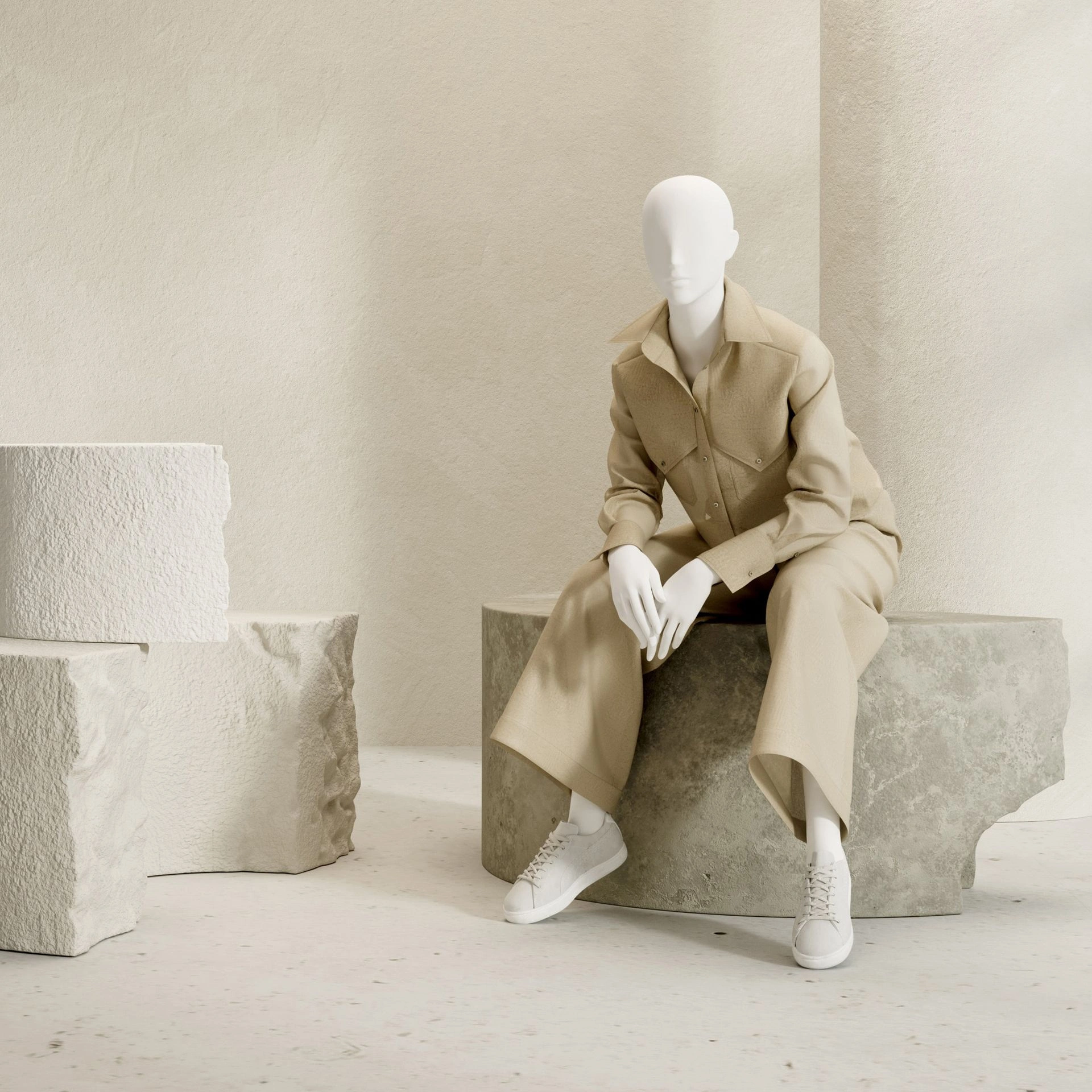 BINK - Basic female window mannequin, semi-abstract head, round tempered glass base, soft clay matt, pose 010