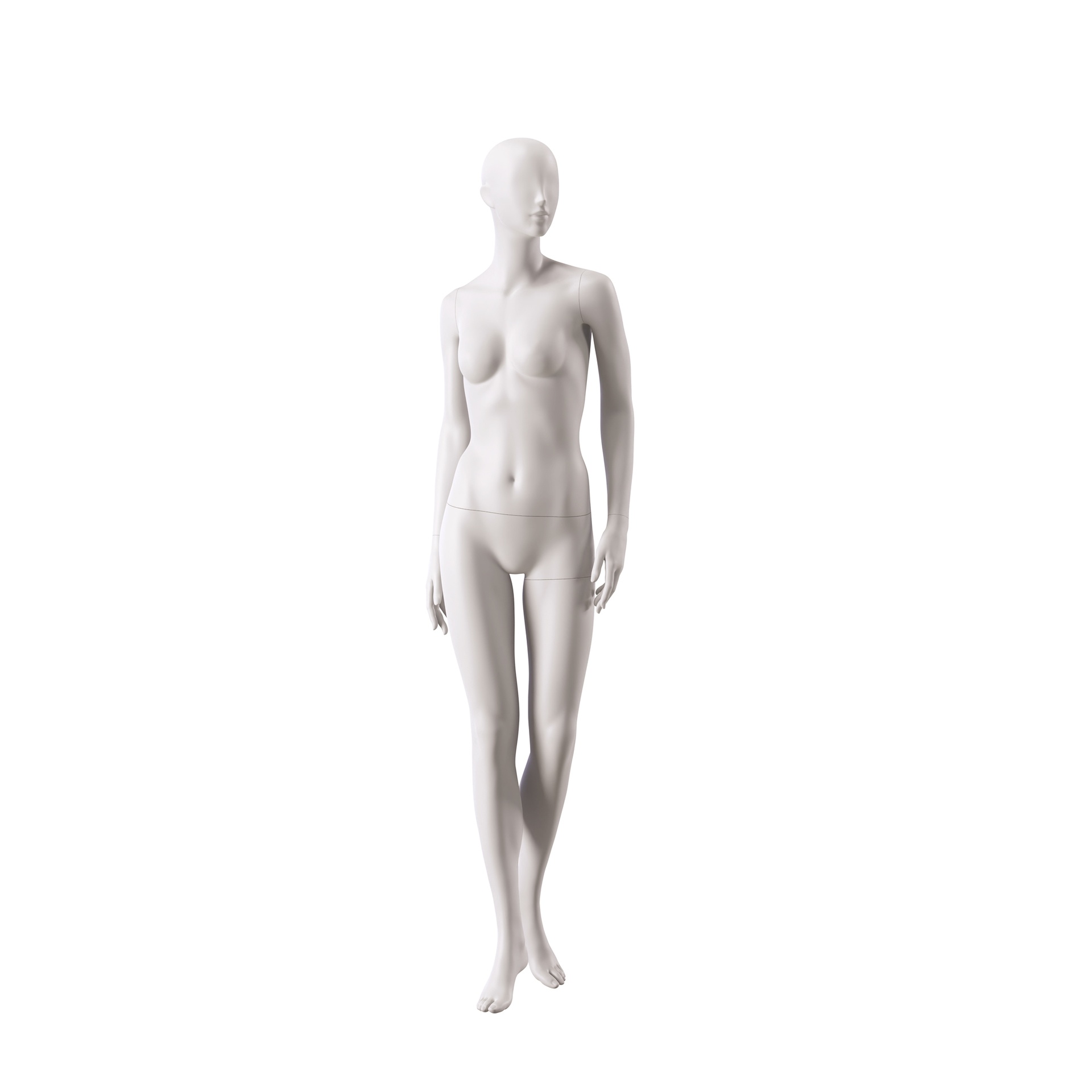 BINK - Basic female window mannequin, semi-abstract head, round tempered glass base, soft clay matt, pose 012
